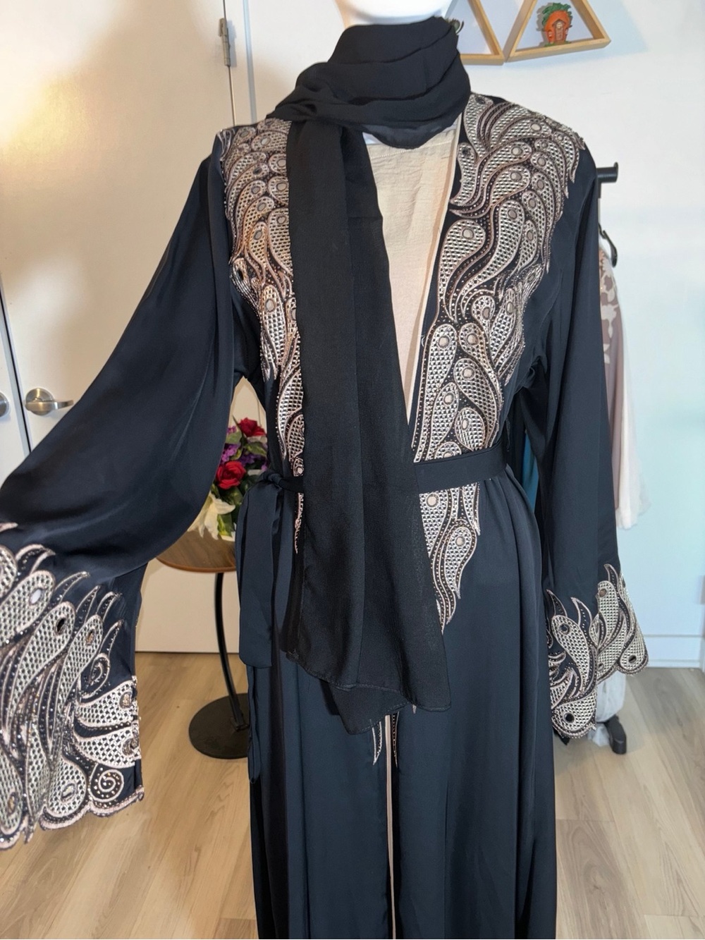 Embroidered Black Abaya with Scarf